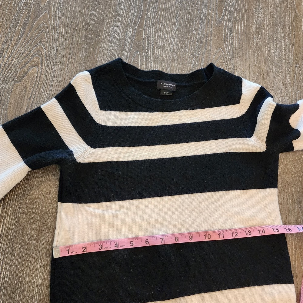 Club Monaco Wool Stripe Sweater Dress XS Black Cream Parisian Quiet Luxury - Picture 10 of 13